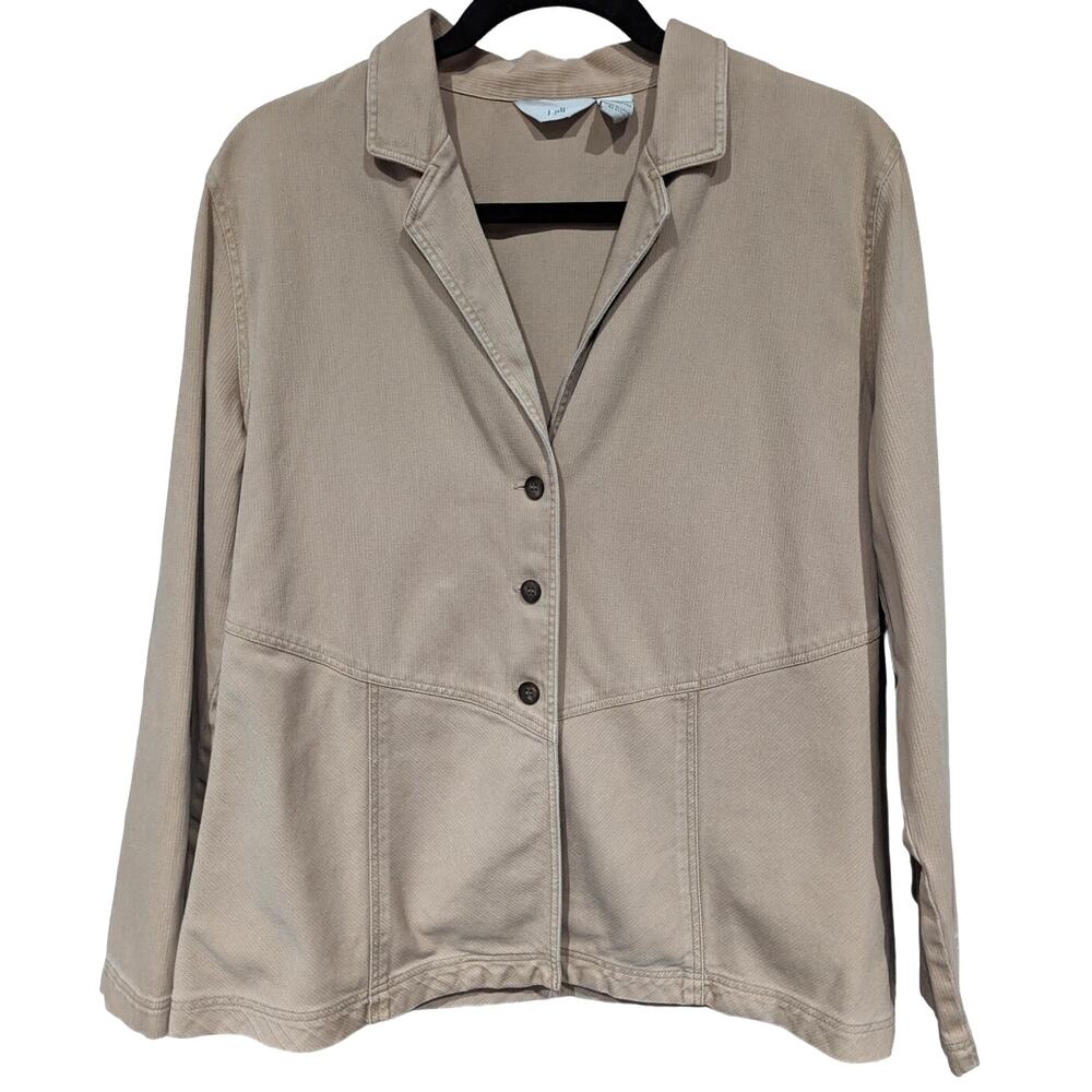 J.Jill sz M Swing Jacket Blazer Tan/Beige 3 Button V Neck Textured 100% Cotton